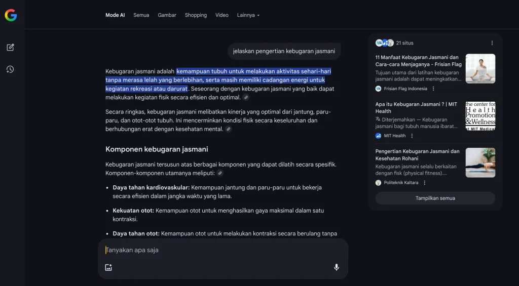 Tampilan AI Mode Google