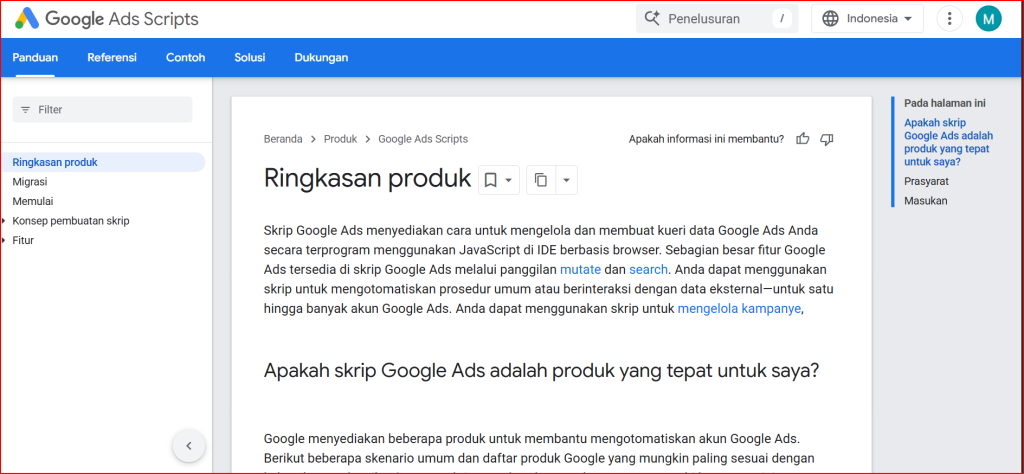Google Ads Scripts interface di dashboard