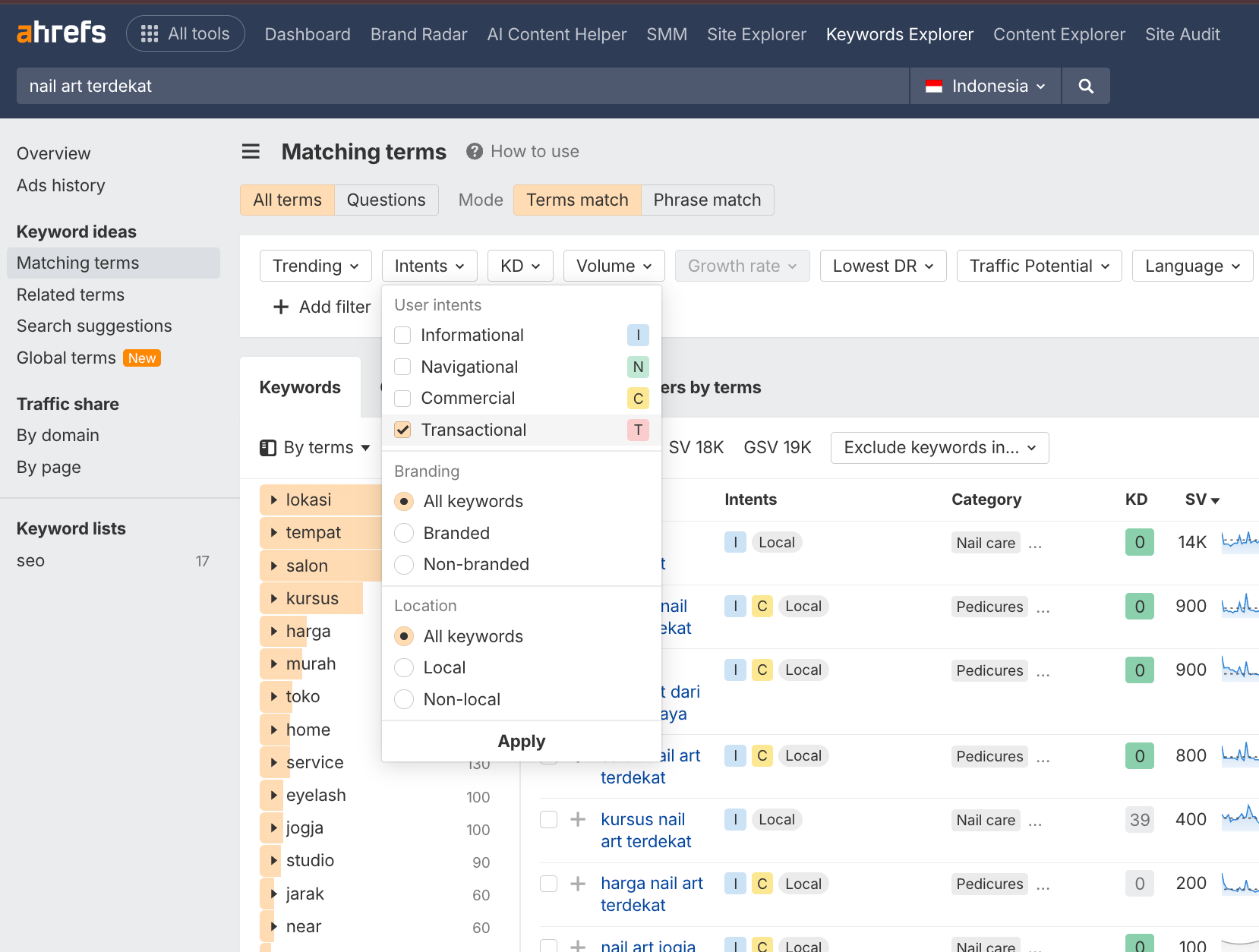 Fitur filter intent yang ada di Ahrefs Keywords Explorer