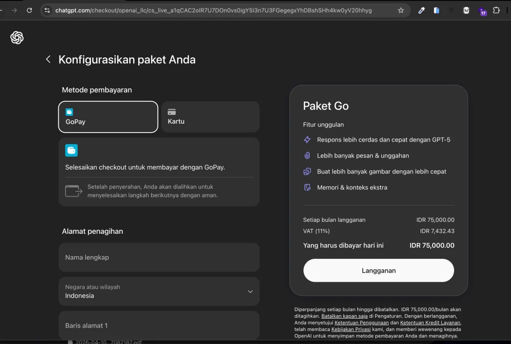 tampilan halaman pembayaran chatgpt