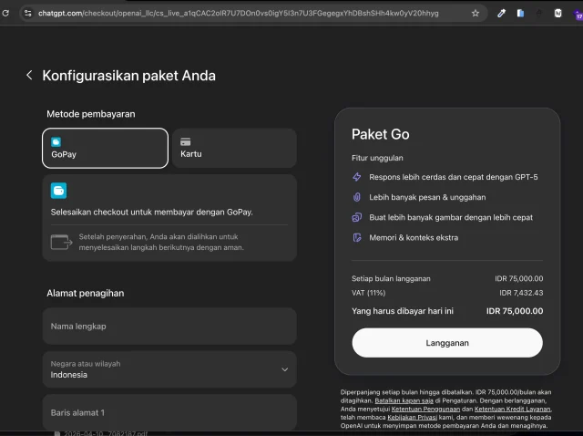 tampilan halaman pembayaran chatgpt