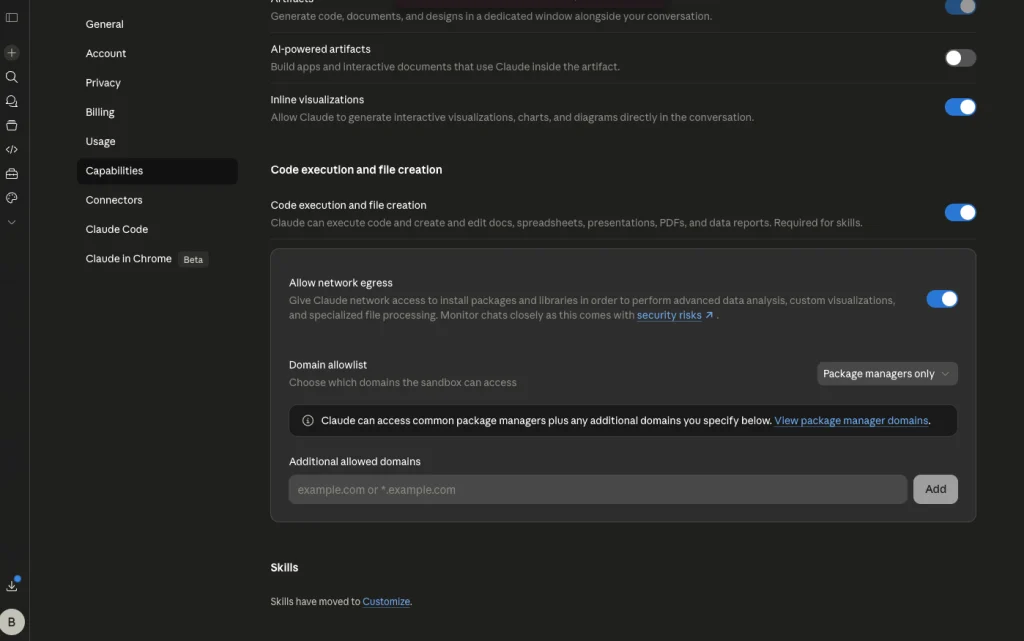 Code Execution and File Creation agar Claude bisa membuat dan mengunduh file.