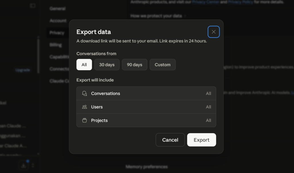 Cara Export Isi Percakapan Claude AI