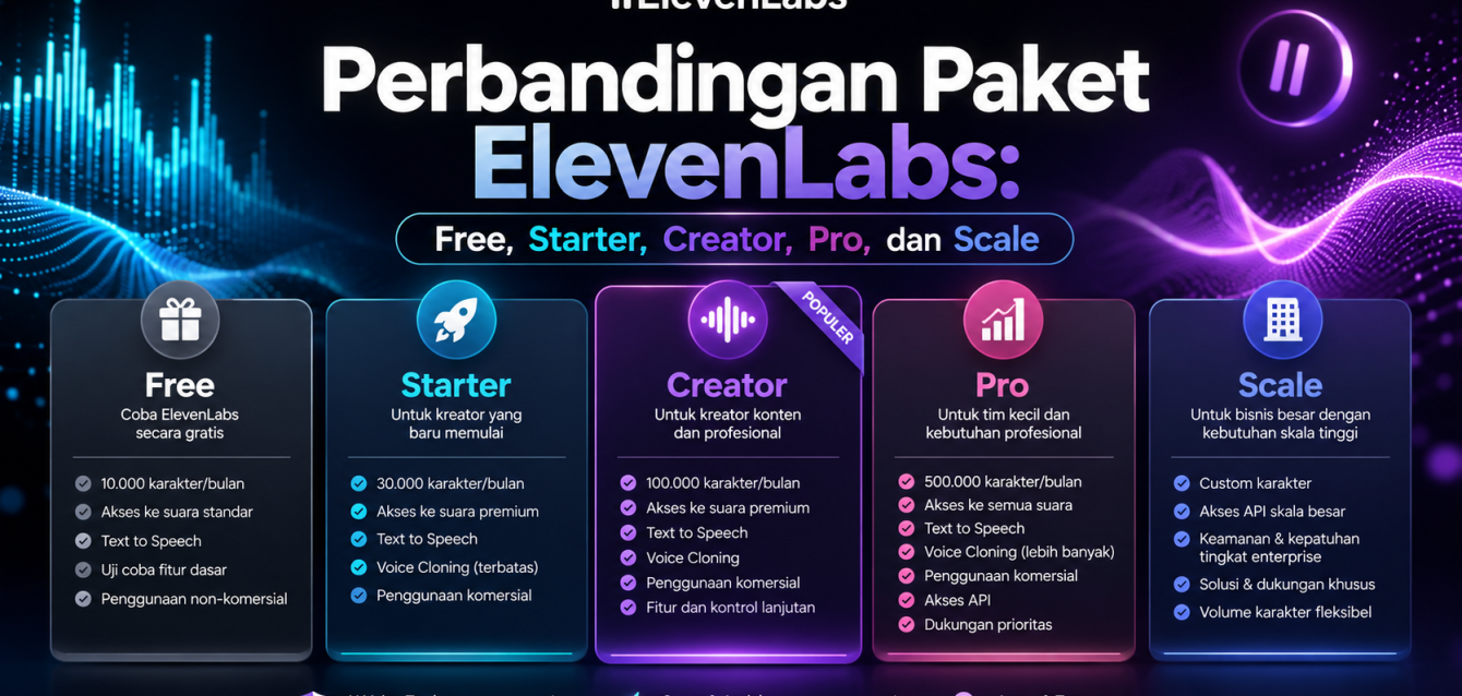 Perbandingan Paket ElevenLabs Free, Starter, Creator, Pro, dan Scale